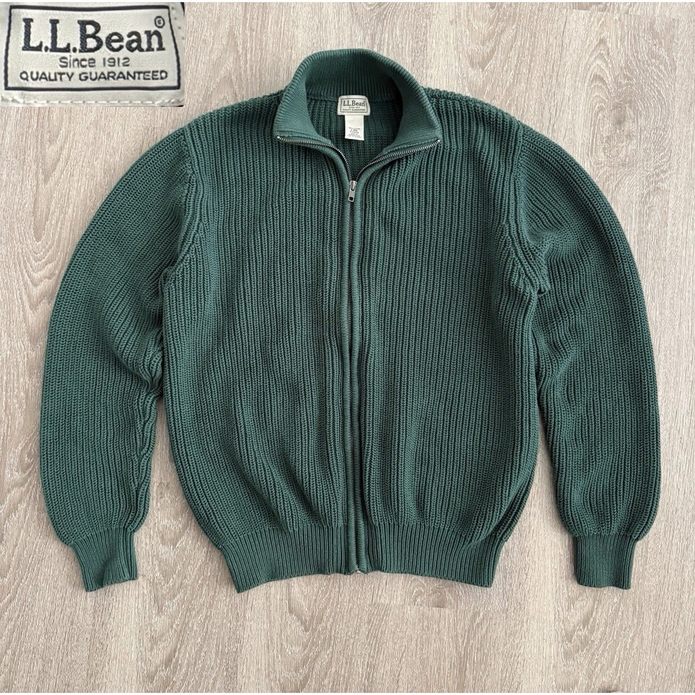 LL Bean Cotton Full Zip Sweater Cardigan Green Ribbed Knit Mock Neck Mens L Reg - Picture 1 of 16